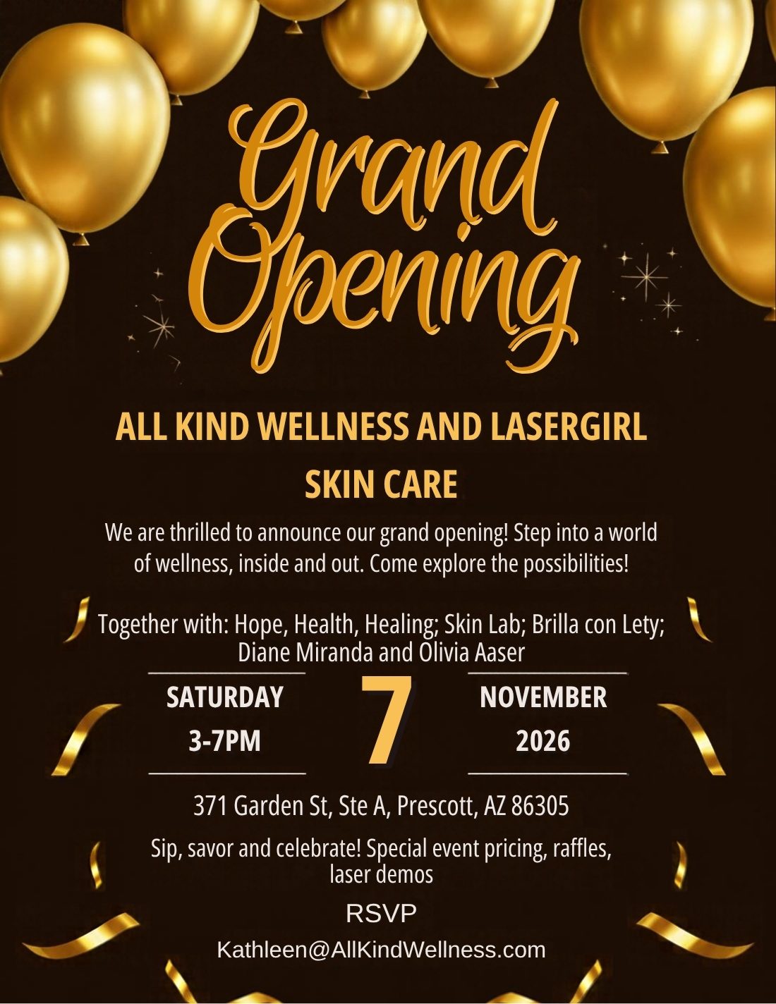 Grand Opening — All Kind Wellness and LaserGirl Skin Care, Saturday November 7, 2026, 3–7 PM, 371 Garden St, Ste A, Prescott, AZ